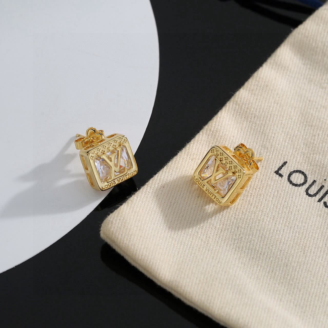 Louis Vuitton Gold Tone Crystal Stud Earrings
